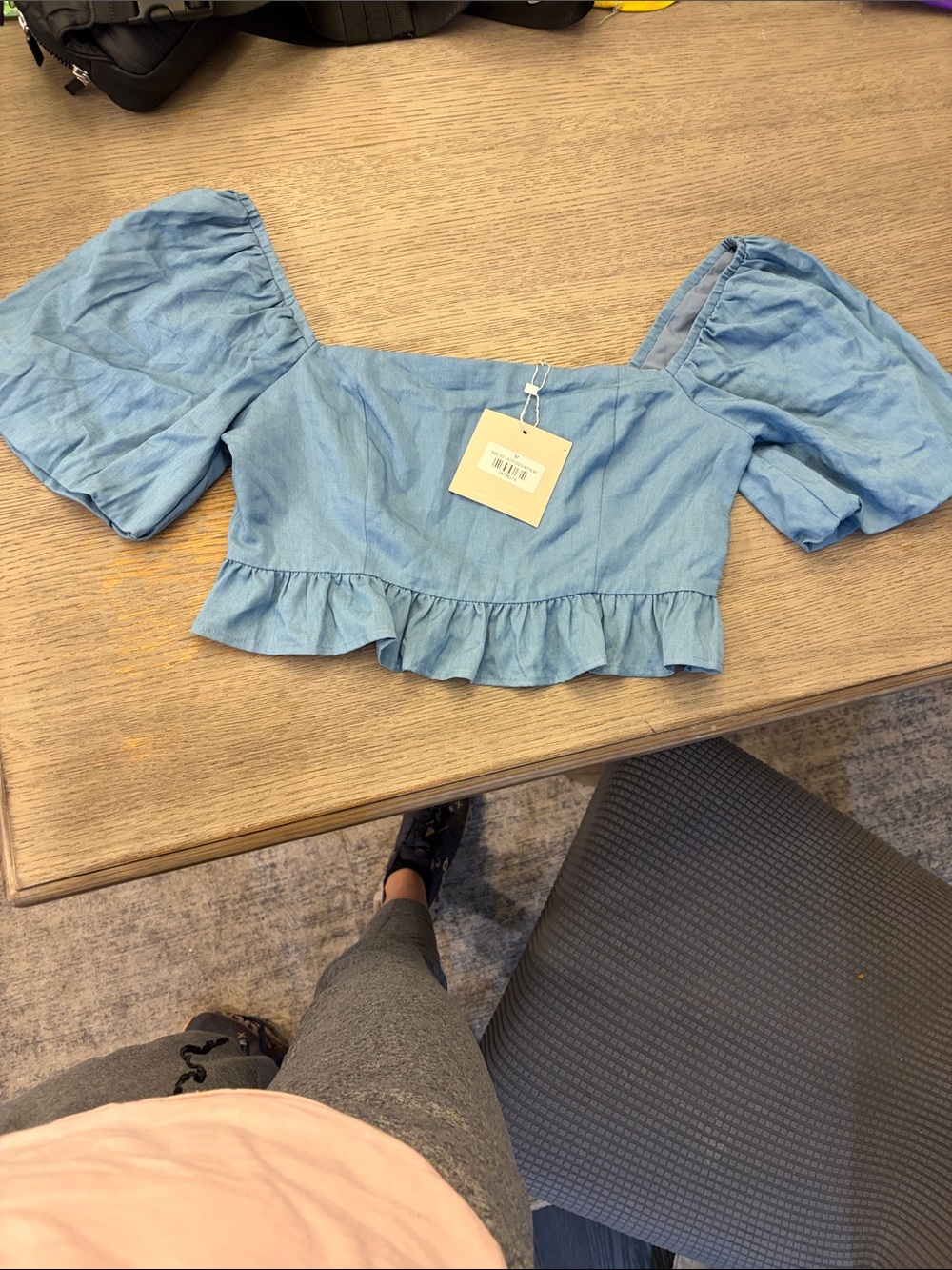 Brand new Kittenish Light Blue Puff-Sleeve Ruffle Crop Top